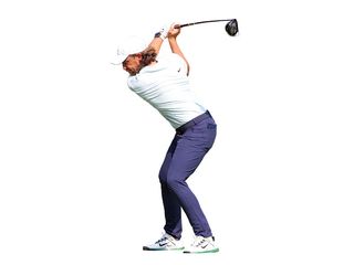 Tommy Fleetwood at the top of backswing with driver