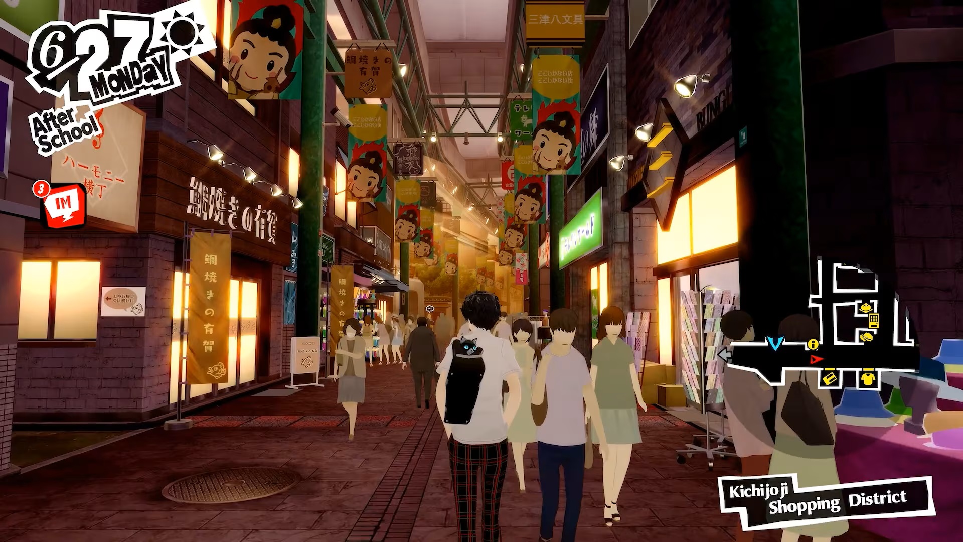 In Persona 5, protagonist Ren walks through the streets of Tokyo at night with his school bag slung over his shoulder, which carries Morgana the cat