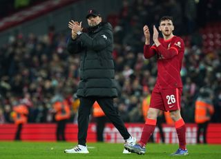 Liverpool manager Jurgen Klopp and Andrew Robertson after the Carabao Cup semi-final, first leg match at Anfield. Picture date: Thursday January 13, 2022