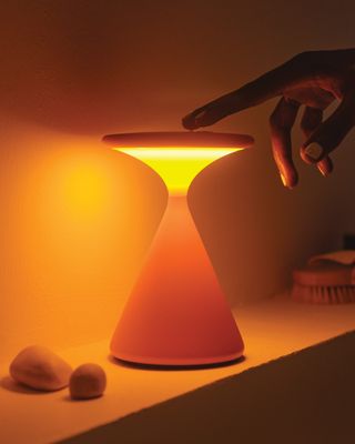 Portable lamp being touched to turn on