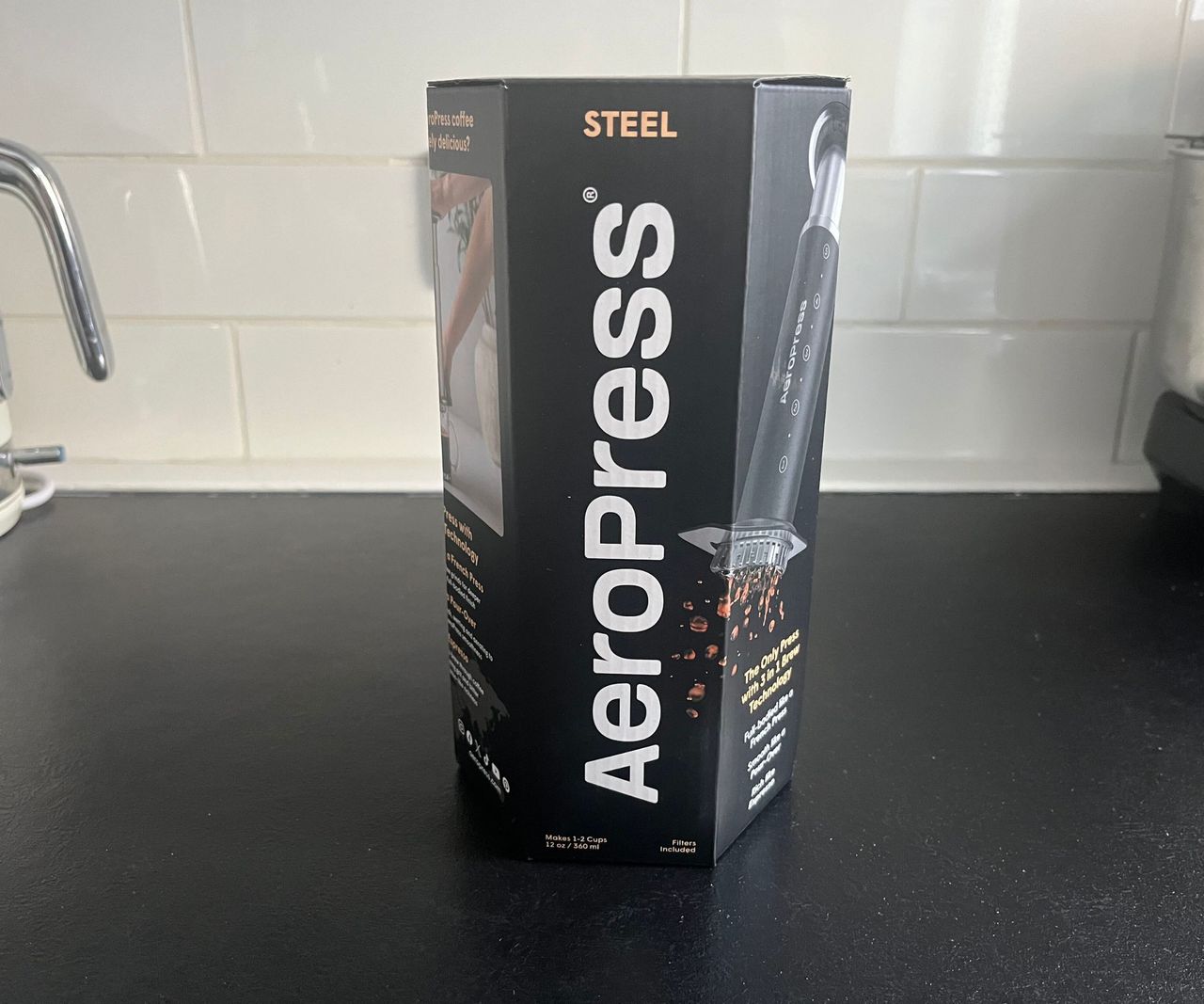 The black hexagonal box for the Steel AeroPress