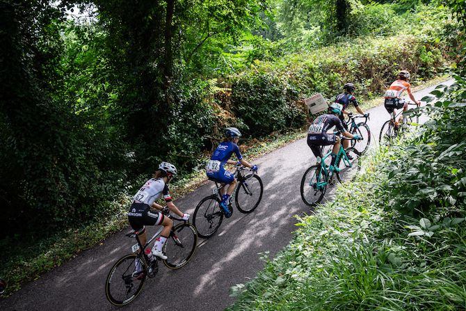 Riders crest the top of the climb at the US Pro Road Race National Championships on June 24, 2018 in Knoxville, Tennessee
