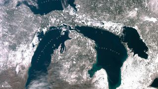 The Great Lakes of North America nearly ice-free in March 2023.