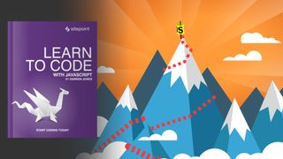 Cartoon of mountains and cover of JavaScript book