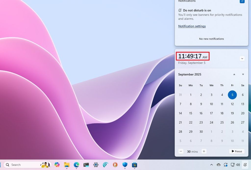 Notification Center with clock