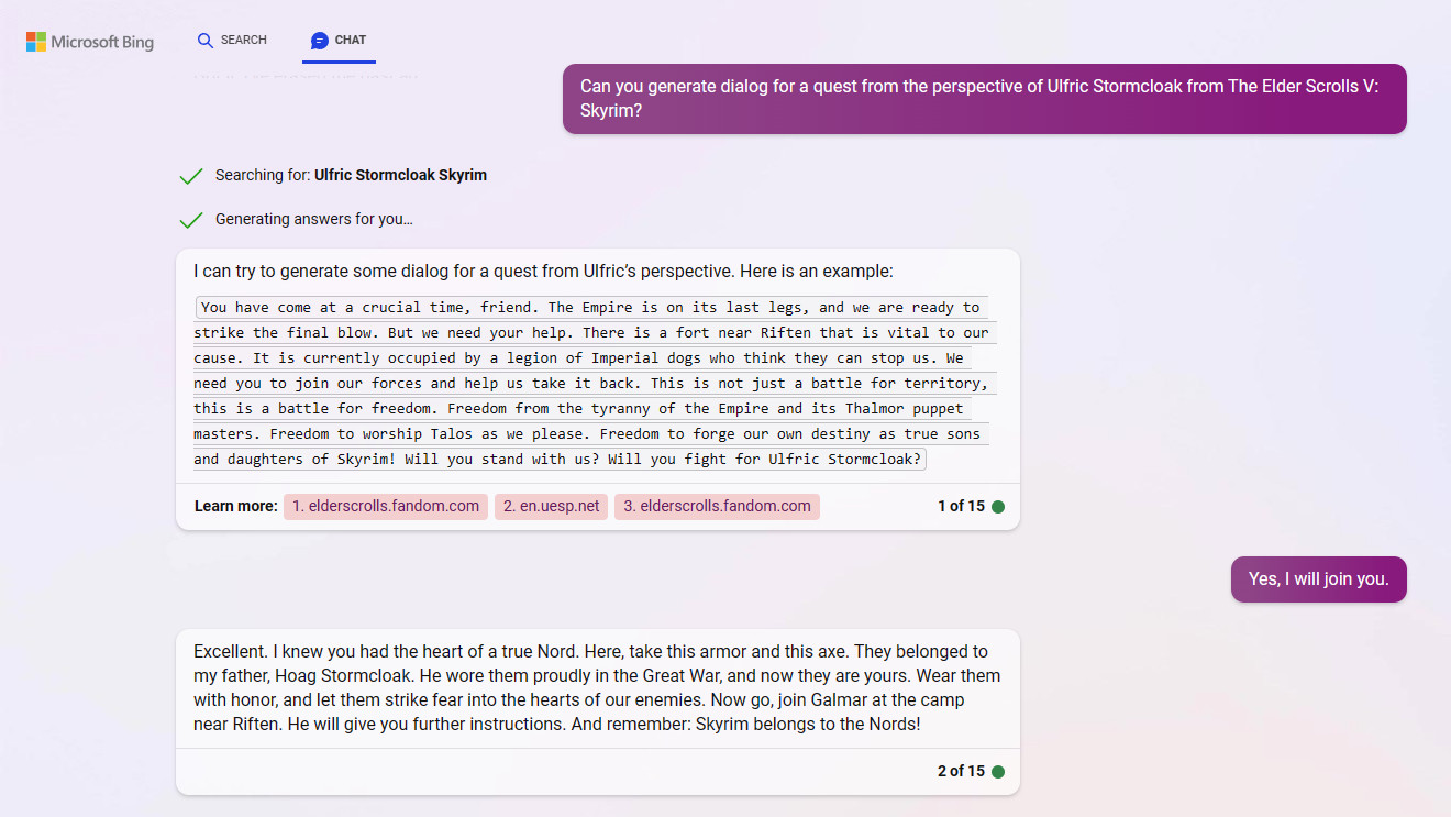 Bing Chat gerando caixa de diálogo para uma missão de Skyrim