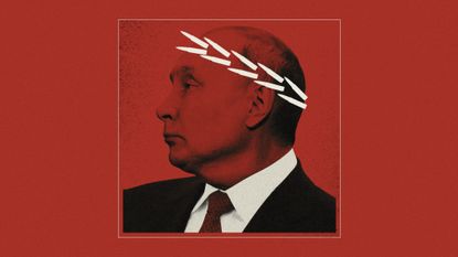 Illustration of Putin wearing a laurel wreath made of bullets