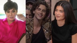 From left to right: Kris Jenner holding her right hand up to her ear and looking serious, Timothée Chalamet smiling while hosting SNL, and Kylie Jenner smiling and looking to her left on The Kardashians.