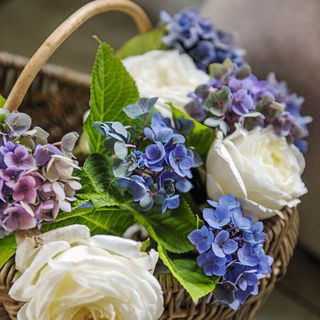 Close up of a basket of roses and hydrangeas