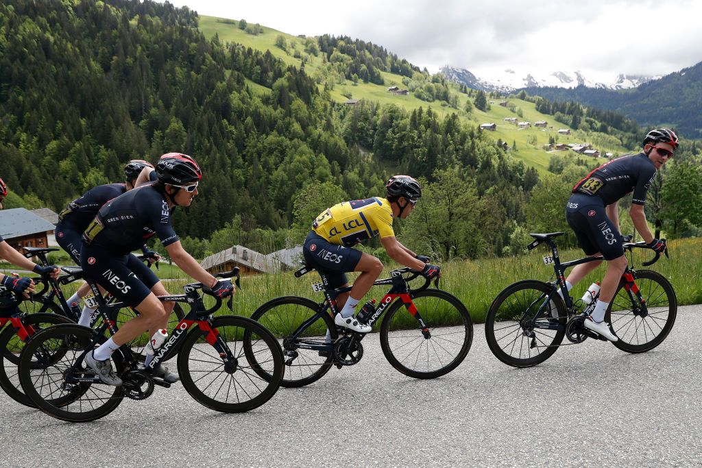 LES GETS FRANCE JUNE 06 Geraint Thomas of The United Kingdom Richie Porte of Australia Yellow Leader Jersey Tao Geoghegan Hart of United Kingdom and Team INEOS Grenadiers during the 73rd Critrium du Dauphin 2021 Stage 8 a 147km stage from La LchreLesBains to Les Gets 1160m UCIworldtour Dauphin dauphine on June 06 2021 in Les Gets France Photo by Bas CzerwinskiGetty Images