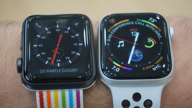 The 42mm Apple Watch 3, left, and 44mm Apple Watch 4, right