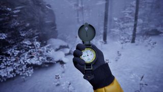 Prologue: Go Wayback first-person screenshot of a man holding a compass in a snowy forest