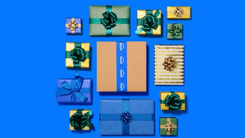 An Amazon Prime package surrounded by gift-wrapped packages of various sizes.
