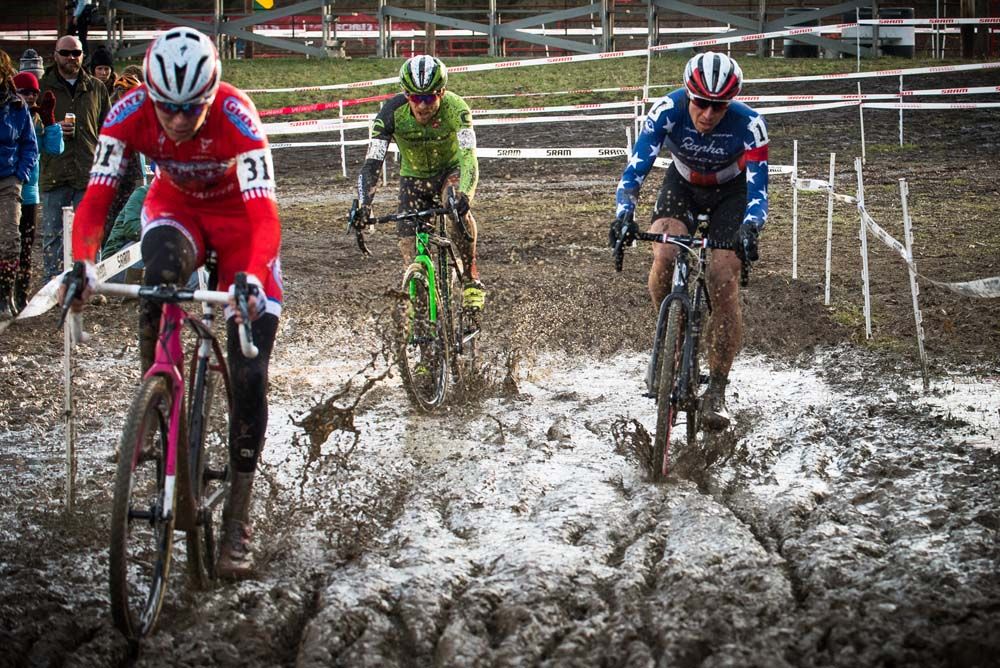 Logan Owens (Cal Giant) leads trio Jeremy Powers (Rapha) and Stephen Hyde (Cannondale pb Cyclocrossworld) through the mud up to the run up at the base of Mt. Krumpit