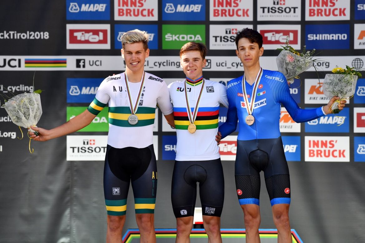 The final podium of Lucas Plapp, Remco Evenepoel and Andrea Piccolo (L-R)