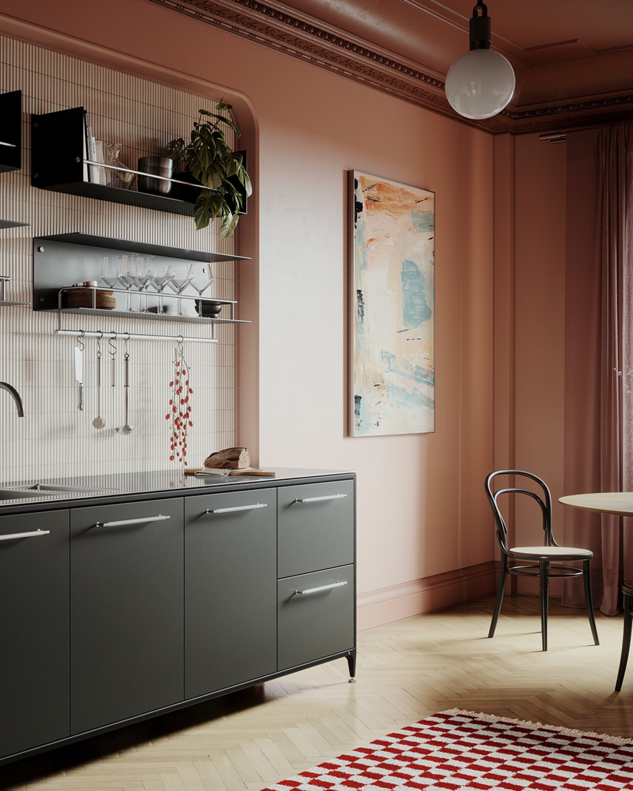 a kitchen with a paint color scheme that transitions from peach to dark tan