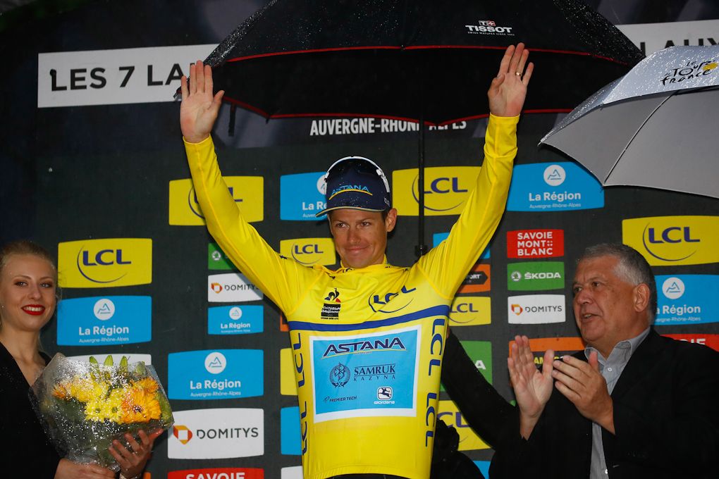 Jakob Fuglsang in yellow after stage 7 at Dauphine