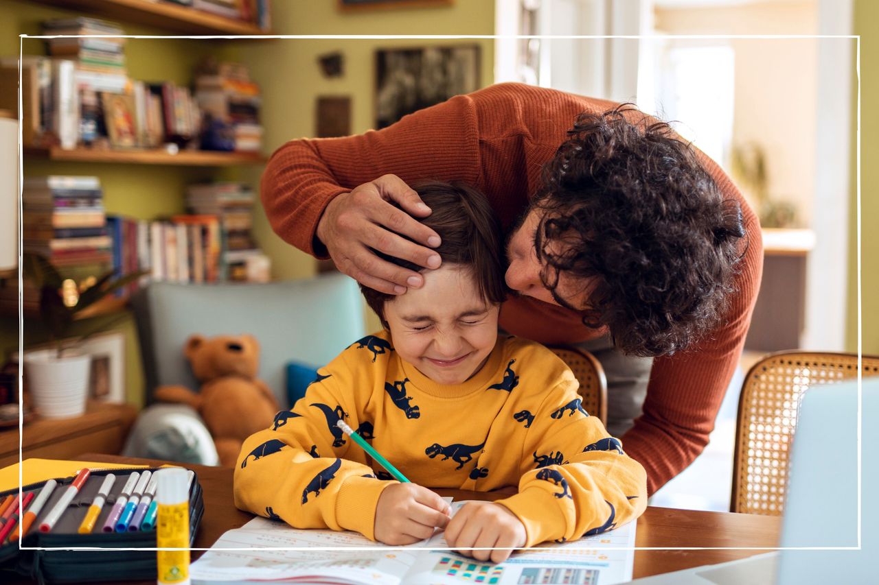 Questions to ask kids after school illustrated by dad and child hugging and laughing