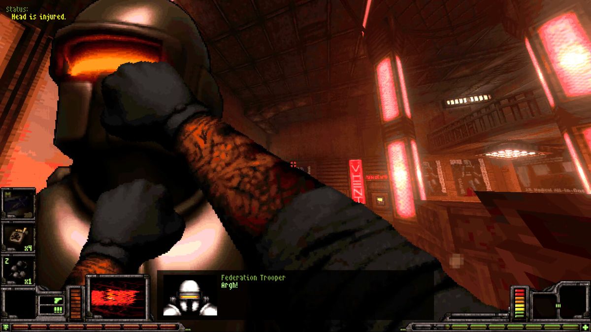 A tattooed arm grabs a trooper's helmet. The trooper shouts "Argh!"