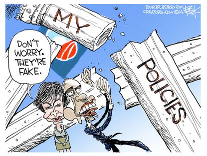 Obama cartoon falling policy columns