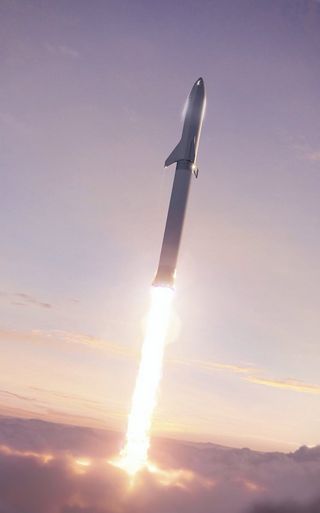 SpaceX's new BFR design for 2018 showcases a sleek, sci-fi looking spaceship and its 1st stage booster as shown in this image unveiled by Elon Musk on Sept. 17, 2018.