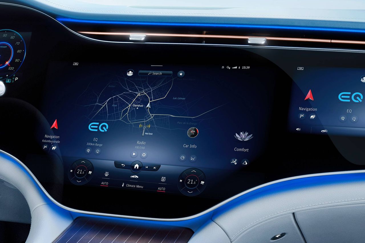 Behind the button-festooned wheel of the Mercedes-Benz EQS | Wallpaper