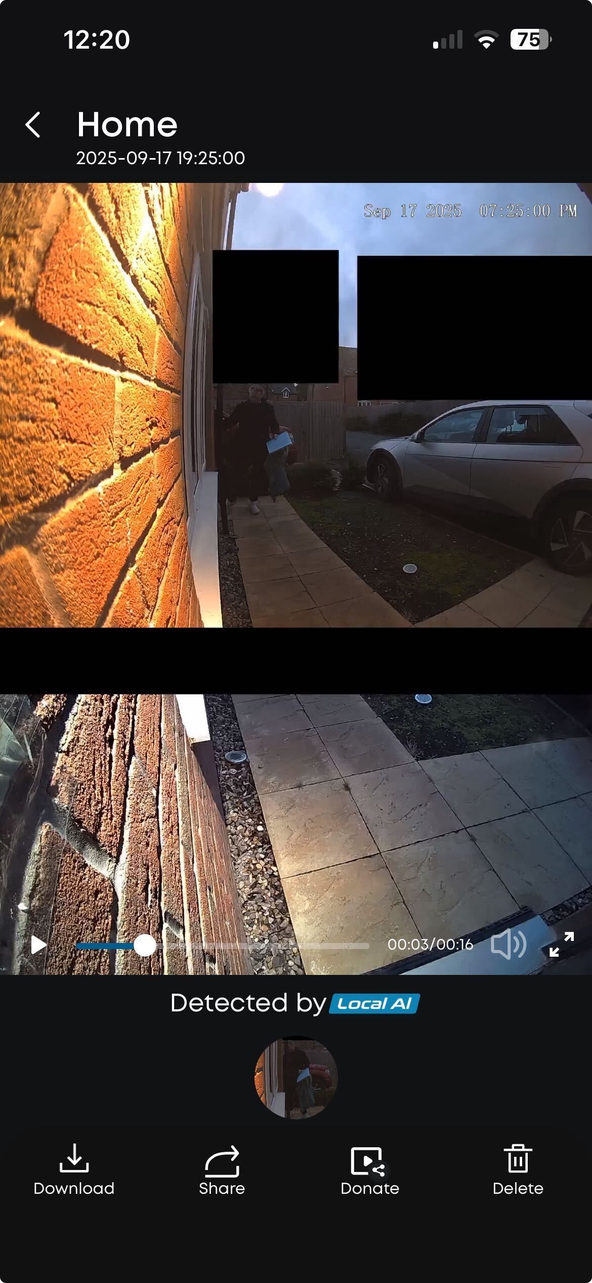 Screenshot of video clarity on a cloudy evening after dusk - a male visitor is visible five meters (16ft) away. As I know it's my husband, I can easily identify the person. The built-in light is on to increase visibility ahead and on the floor.