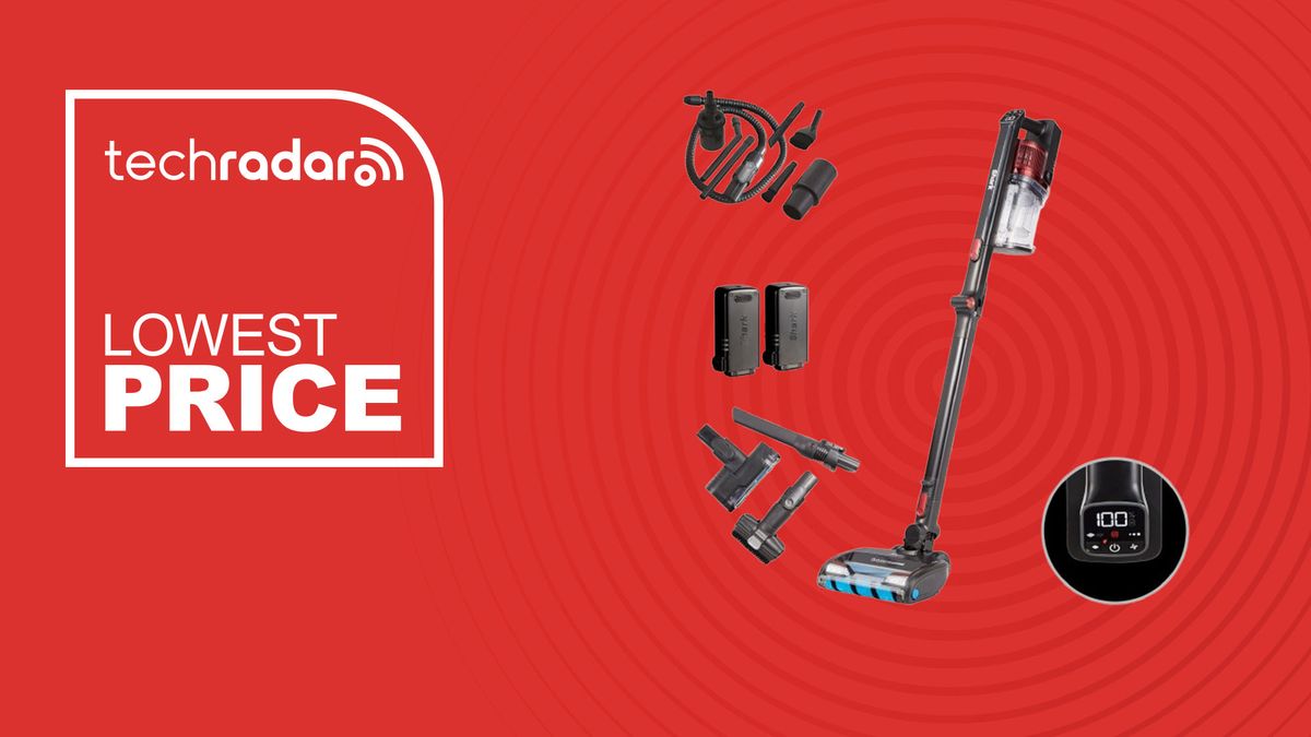 The Shark Cordless Stick Vacuum on a red background with text saying Lowest Price next to it.