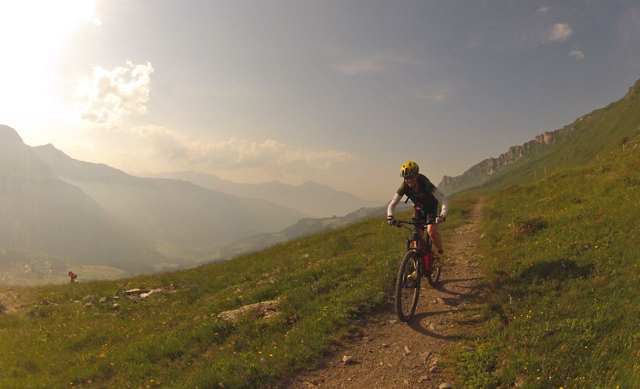 We are stoked to be running the type of equipment that allows us to compete with the best on race day... then be able to clip off the number plate, lube the chain and head out for some legitimate alpine trail riding on the same bike! Mary riding her Intense Cycles Spider Comp 29 above Lenzerheide, Switzerland.
