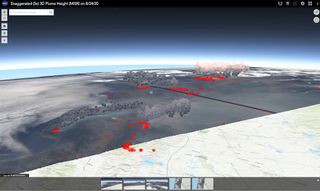 This screenshot shows an interactive 3D visualization that allows you to explore the height of smoke plumes from the California fires, using data from Multi-angle Imaging SpectroRadiometer (MISR) instrument on NASA's Terra satellite.