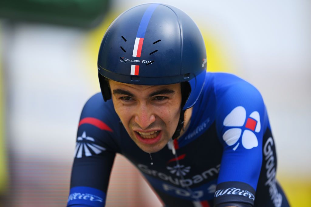 NICE FRANCE JULY 21 Lenny Martinez of France and Team Groupama FDJ crosses the finish line during the 111th Tour de France 2024 Stage 21 a 337km individual time trial from Monaco to Nice UCIWT on July 21 2024 in Nice France Photo by Tim de WaeleGetty Images