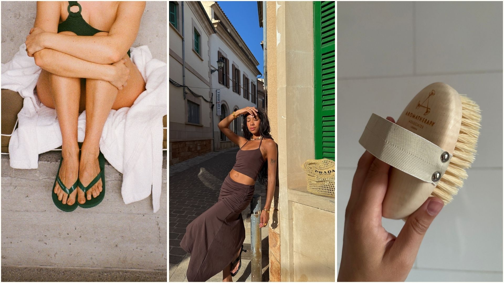Emma Hoareau with glowing legs in a swimsuit, Amaka wearing a brown vest top and maxi skirt and Mica Ricketts holding a body brush
