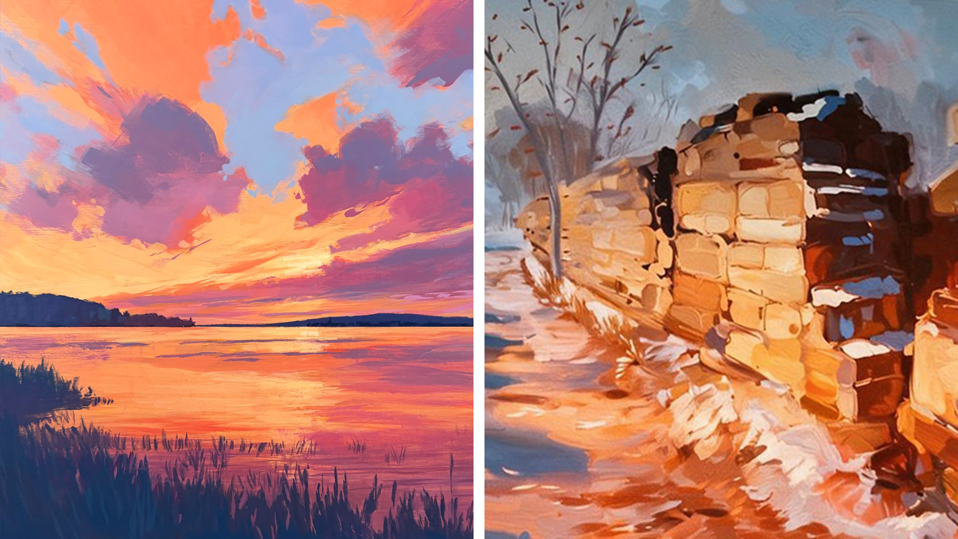 A oil painting of a sunset (left) and a digital painting of a stone wall (right)