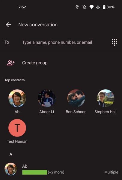 Google Messages' old "start chat" view with "Top contacts."