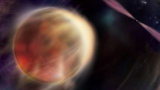 An artist's depiction of a spider star system, or a star orbiting a rapidly rotating pulsar.