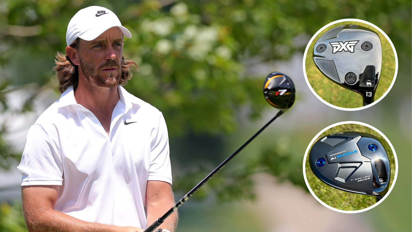 Tommy Fleetwood lines up a tee shot, with two mini drivers in circles