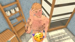A nude man, his genitals obscured by a party emoji.