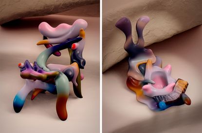 Two NFT designs by Misha Kahn of a chair and chair slug
