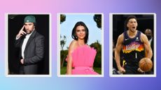 a headshot of bad bunny and devin booker with kendall jenner sandwiched in between on a blue and pink background