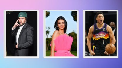 a headshot of bad bunny and devin booker with kendall jenner sandwiched in between on a blue and pink background