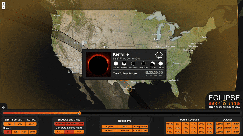 Animated gif of the 2023 eclipse explorer in action showing the eclipse evolving over time.