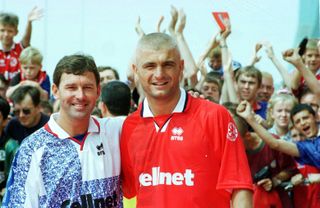 Fabrizio Ravanelli poses with player-manager Bryan Robson after signing for Middlesbrough, July 1996