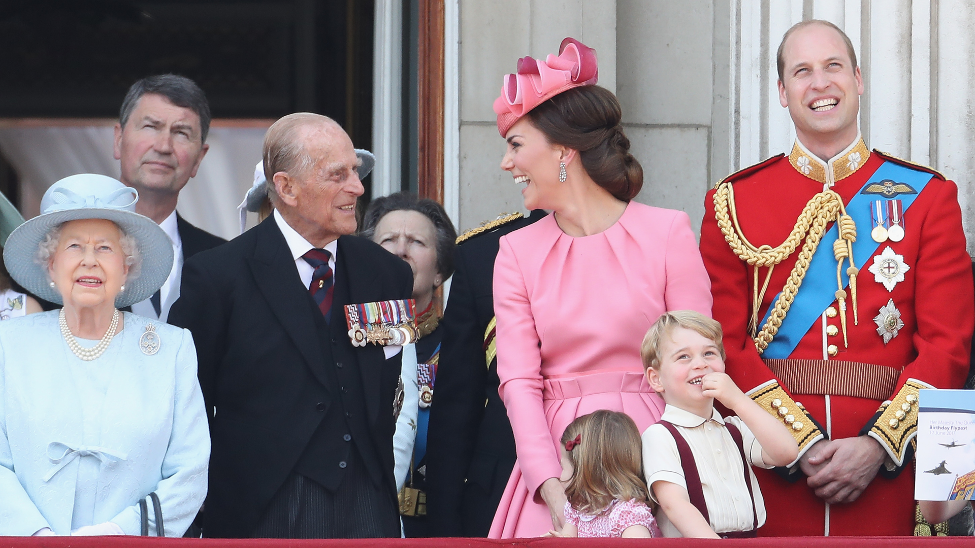 Queen Elizabeth, Prince Philip, Kate Middleton, Princess Charlotte, Prince George and Prince William on the balcony at Buckingham Palace 