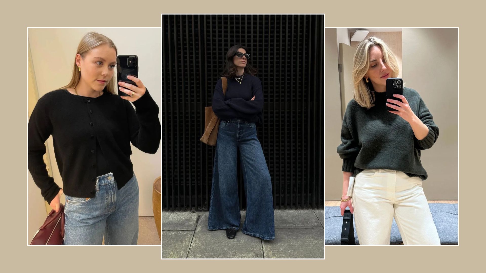 Three women wearing cashmere high street jumpers