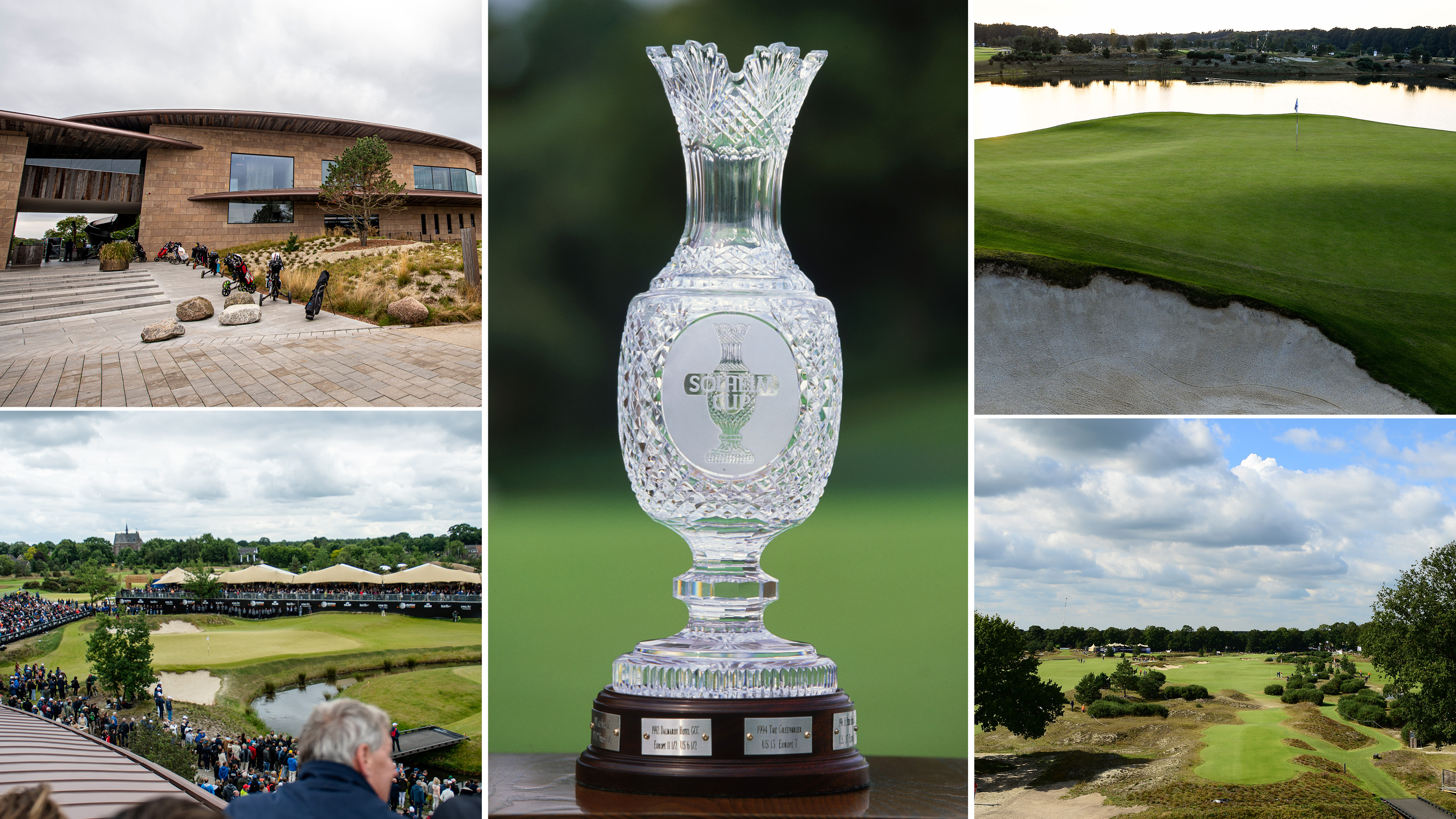 The Solheim Cup trophy and images of the Bernardus Golf clubhouse and course