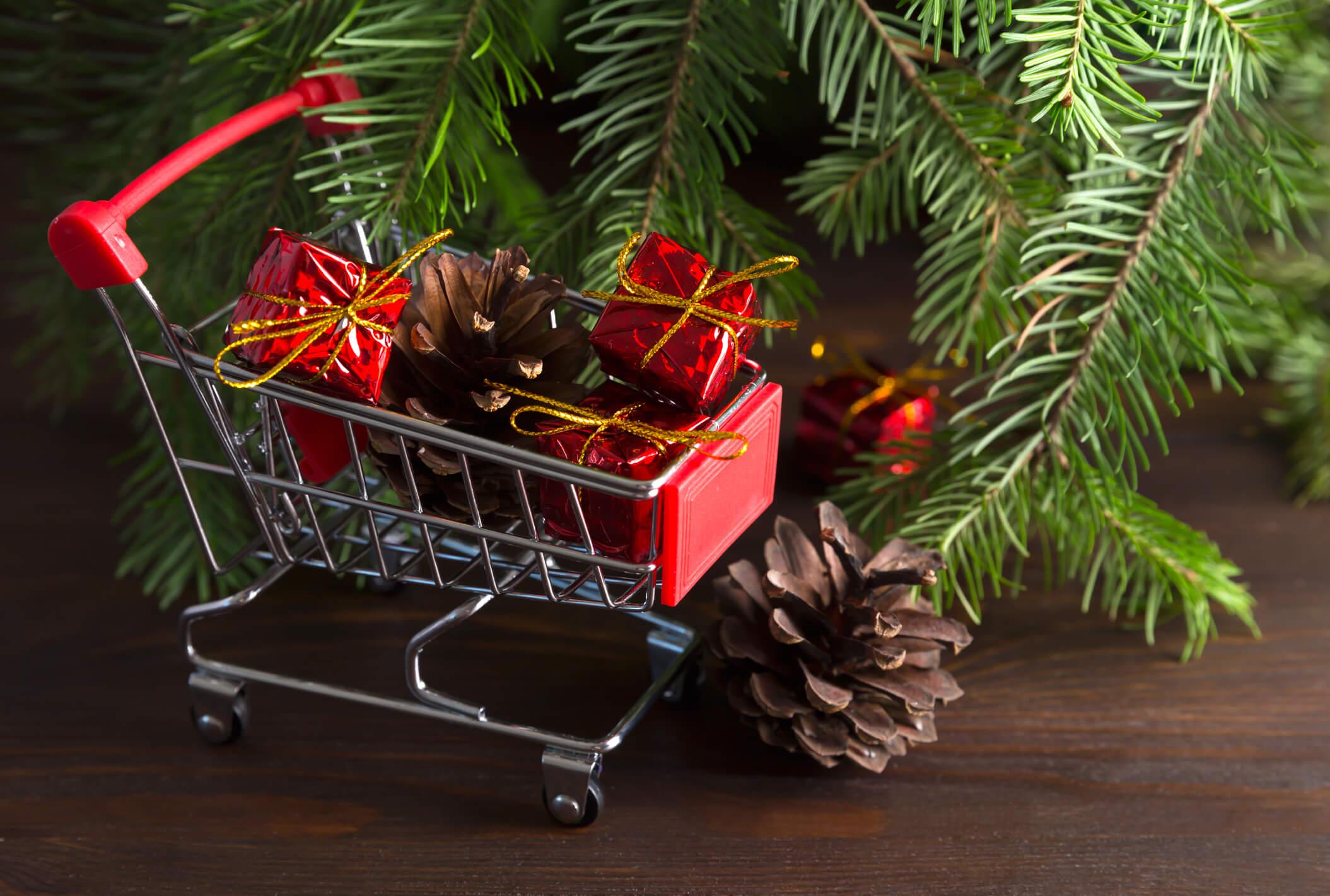  A little shopping trolley with tiny presents and a pine cone in, next to a Christmas tree branch. 