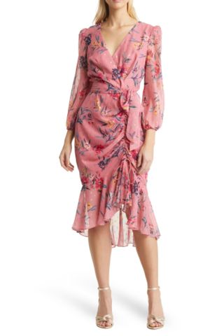 Eliza J Metallic Fleck Floral Long Sleeve Body-Con Dress