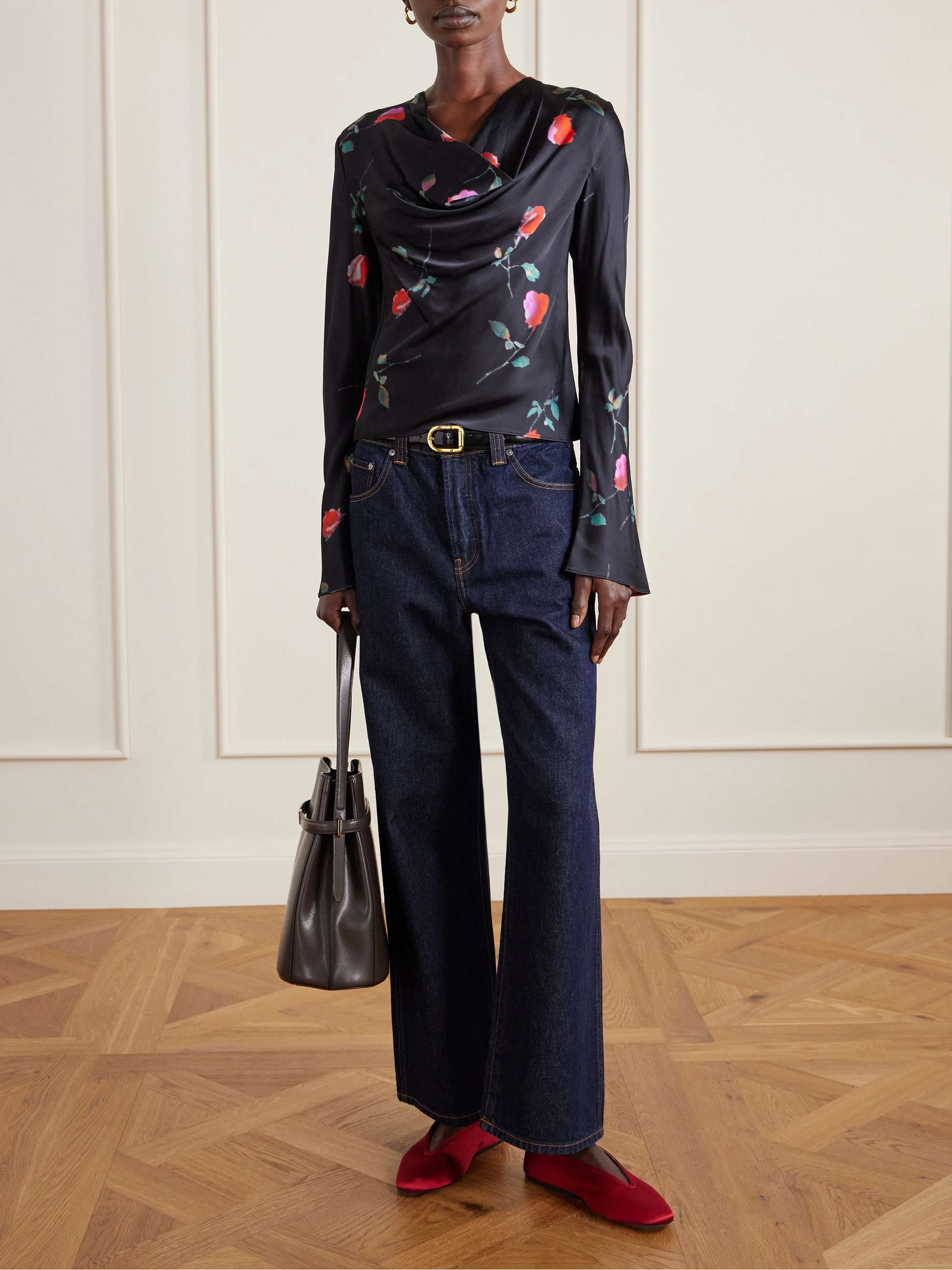 Draped Floral-Print Satin Top