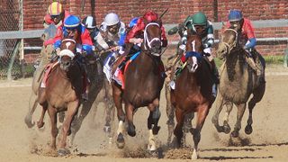 Horses run in the dirt in the Kentucky Derby at Churchill Downs
