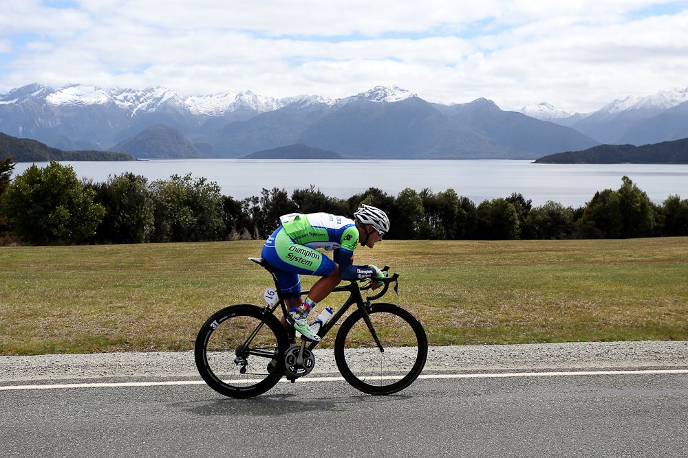 Matt Zenovich of Invercargill out front heading towards TeAnau during stage three of the Tour of Southland